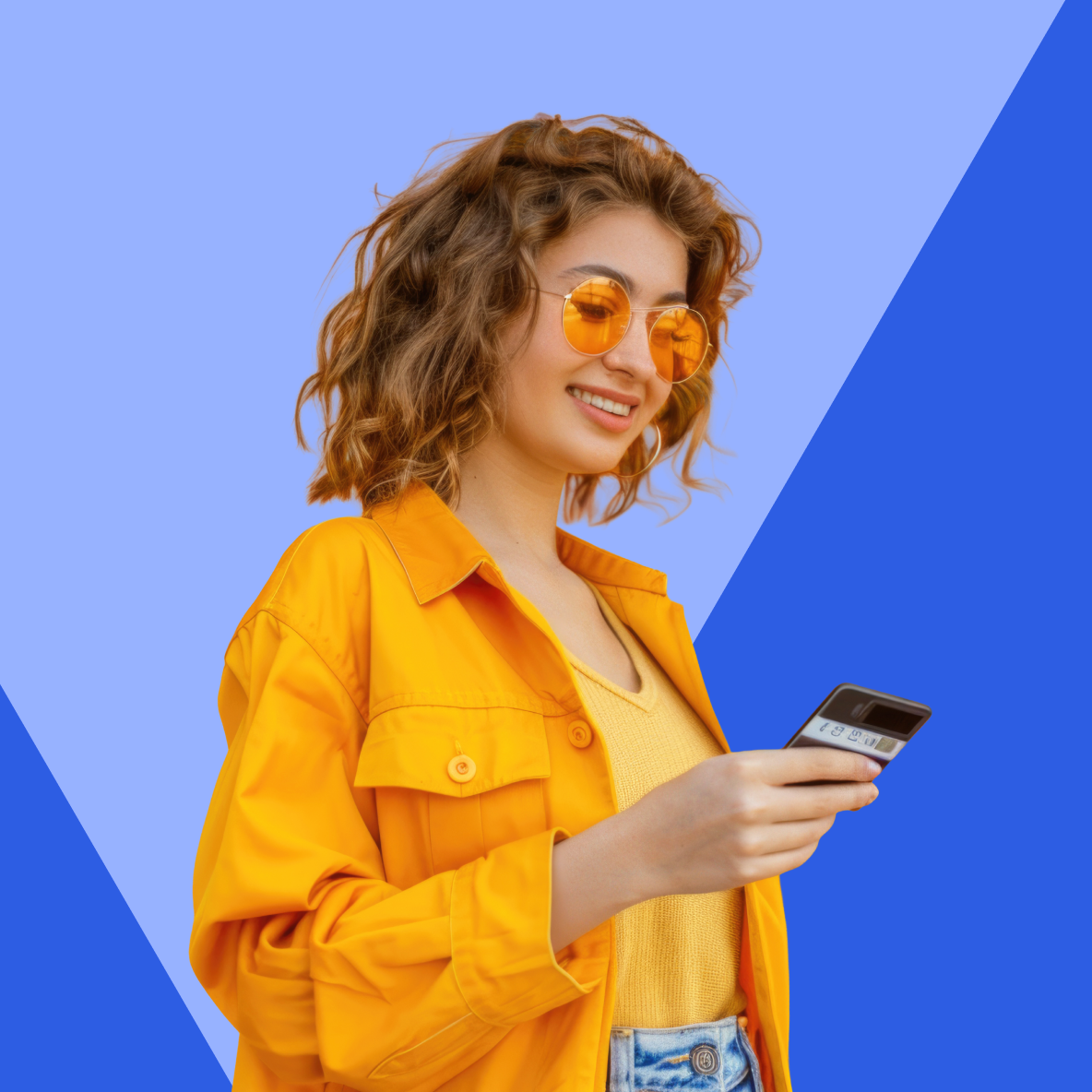 Uśmiechnięta kobieta w żółtej kurtce trzymająca telefon